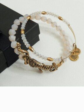 Alex and Ani Bracelet 2 Pc Set Gold Seahorse Pink Bead with Box